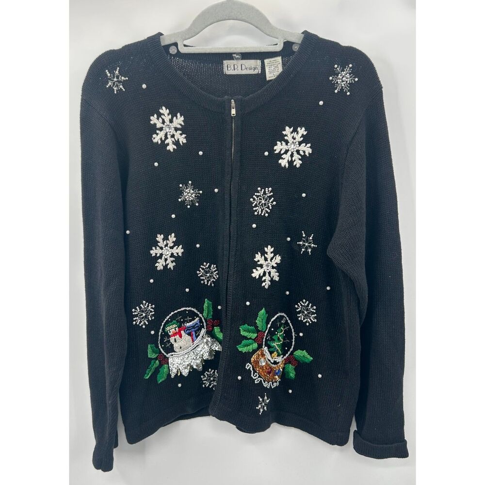 VTG 90s Beaded Zipper Front Snow Globe Design Ugly Christmas Sweater Cardigan